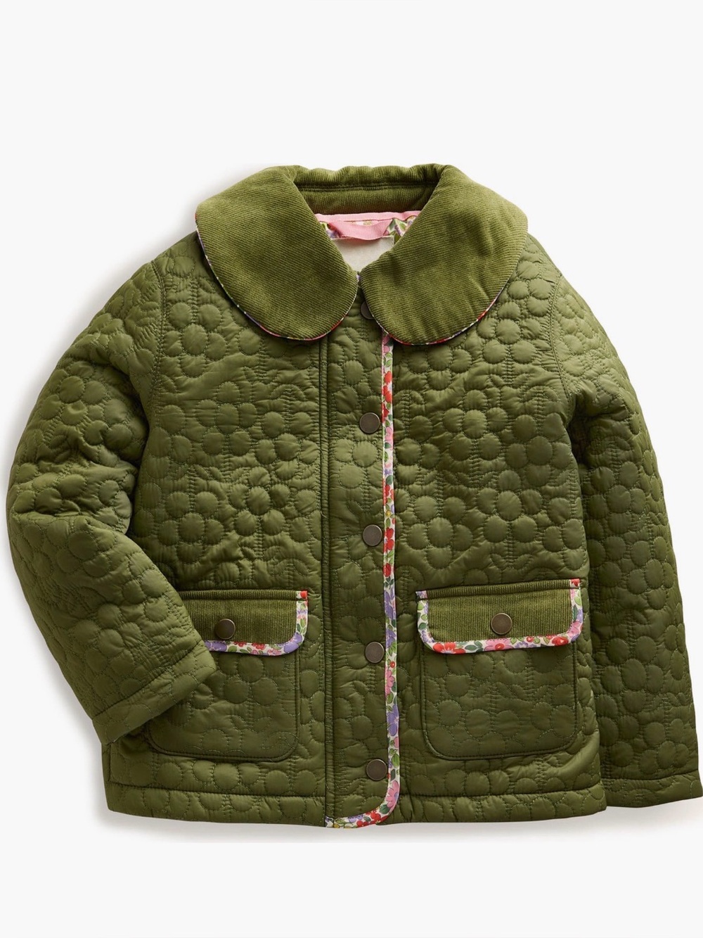 Olive Quilted Flower-Pattern Girls Jacket with Peter Pan Collar Mini Boden